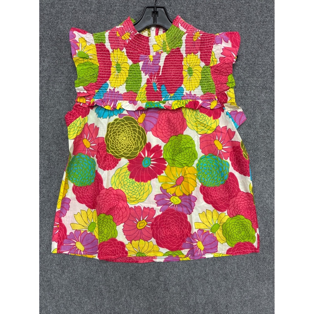 THML Floral Smocked High Neck Ruffle Sleeveless‎ Top Multi Color SRT1739-2-WH M